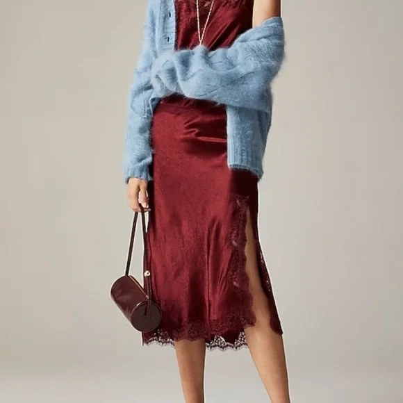 J crew burgundy Gwyneth lace-trim slip skirt in textured satin